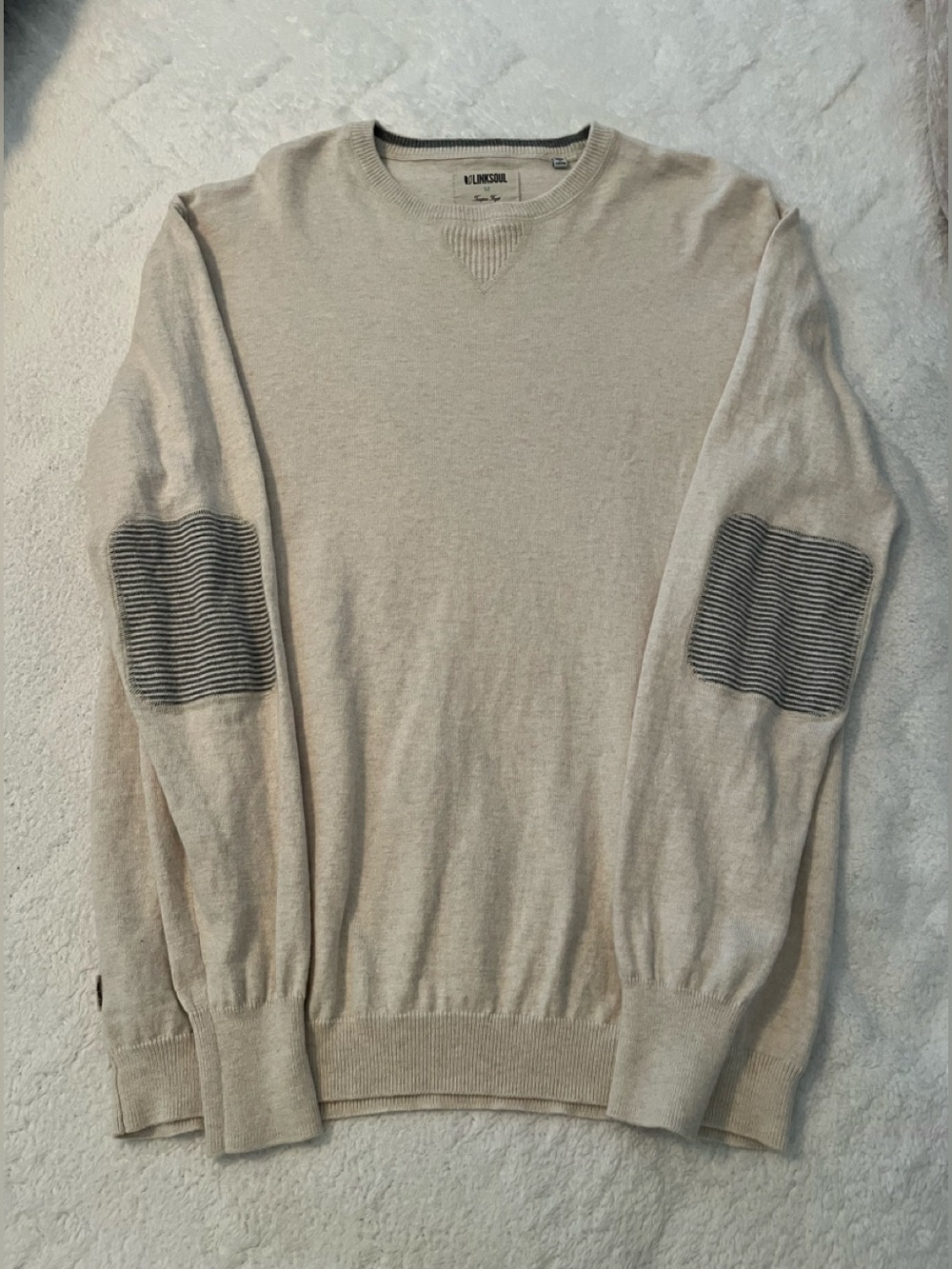 Linksoul Men's Crewneck Sweater in Light Beige with Dark Gray Elbow Patches